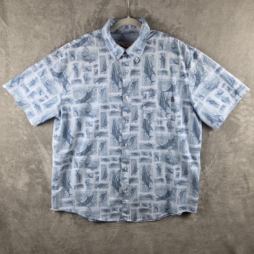 Huk Button-Up Shirt Mens XL Blue Short Sleeve Fishing Graphic Print Casual